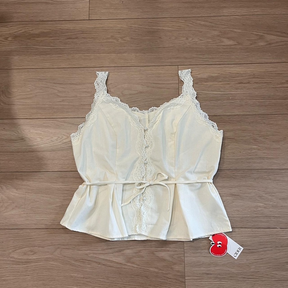 Cider NWT Ivory Lace Trim Tie Front Babydoll Top Women XL Linen Blend Coquette